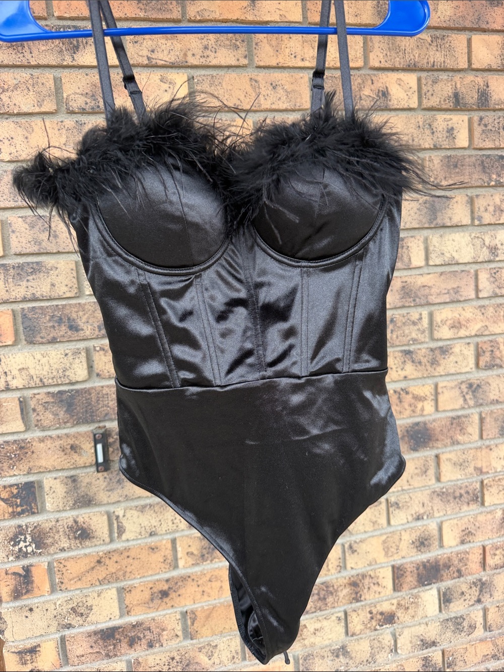 Windsor Black Satin Feather-Trim Bodysuit